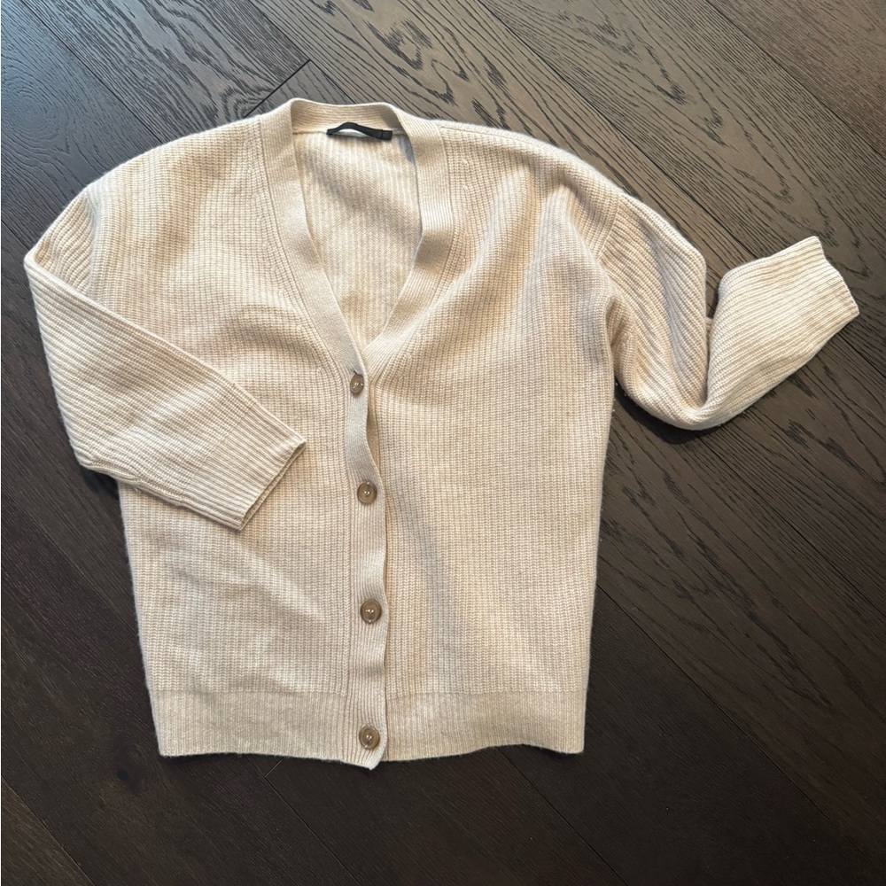 Cream Knit Cardigan Sweater with V-Neck